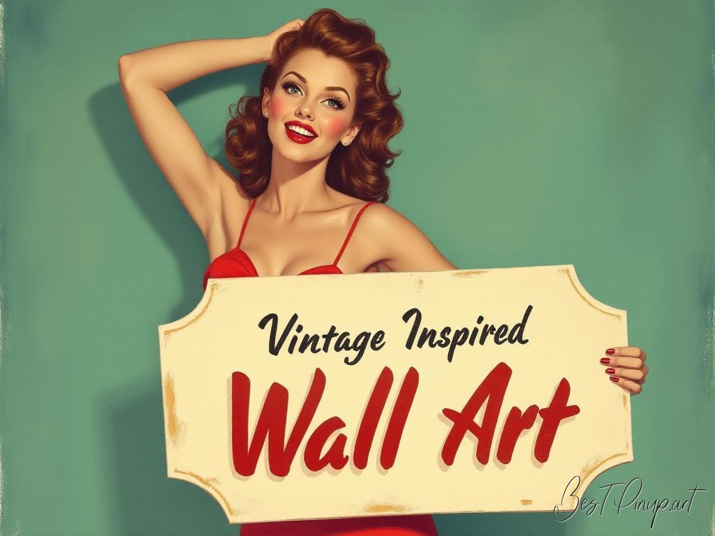 Pin-up girl showcasing a sign with vintage-inspired wall art theme