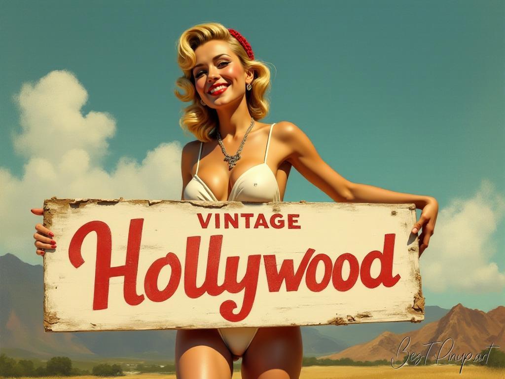 Pin-up girl showcasing a sign with vintage Hollywood theme
