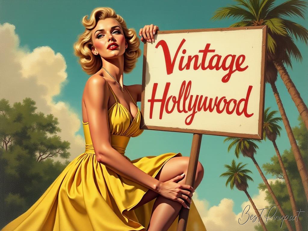 Pin-up girl showcasing a sign with vintage Hollywood glamour theme