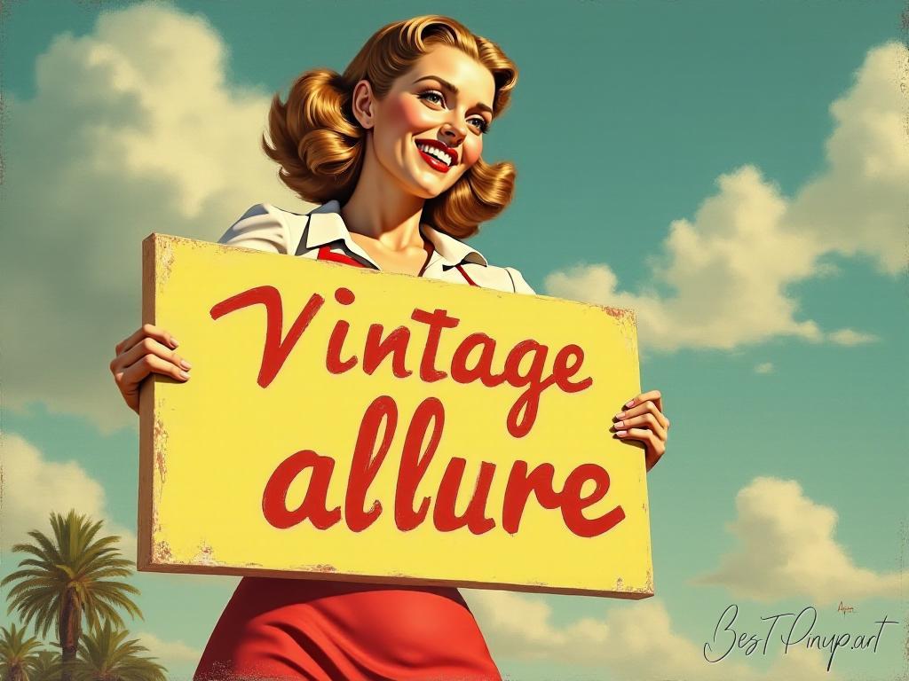 Pin-up girl showcasing a sign with vintage allure theme