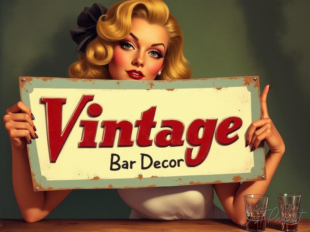 Pin-up girl showcasing a sign with vintage bar decor theme