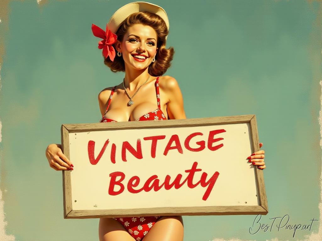 Pin-up girl showcasing a sign with vintage beauty theme