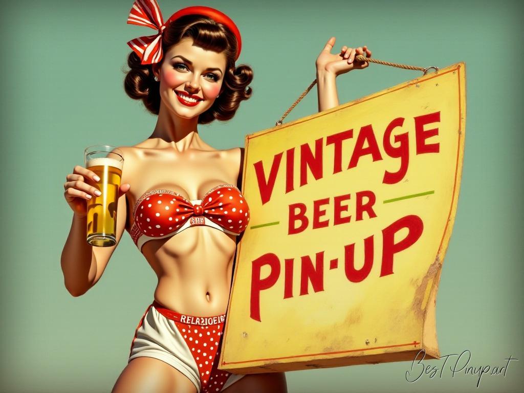 Pin-up girl showcasing a sign with vintage beer pin-up theme