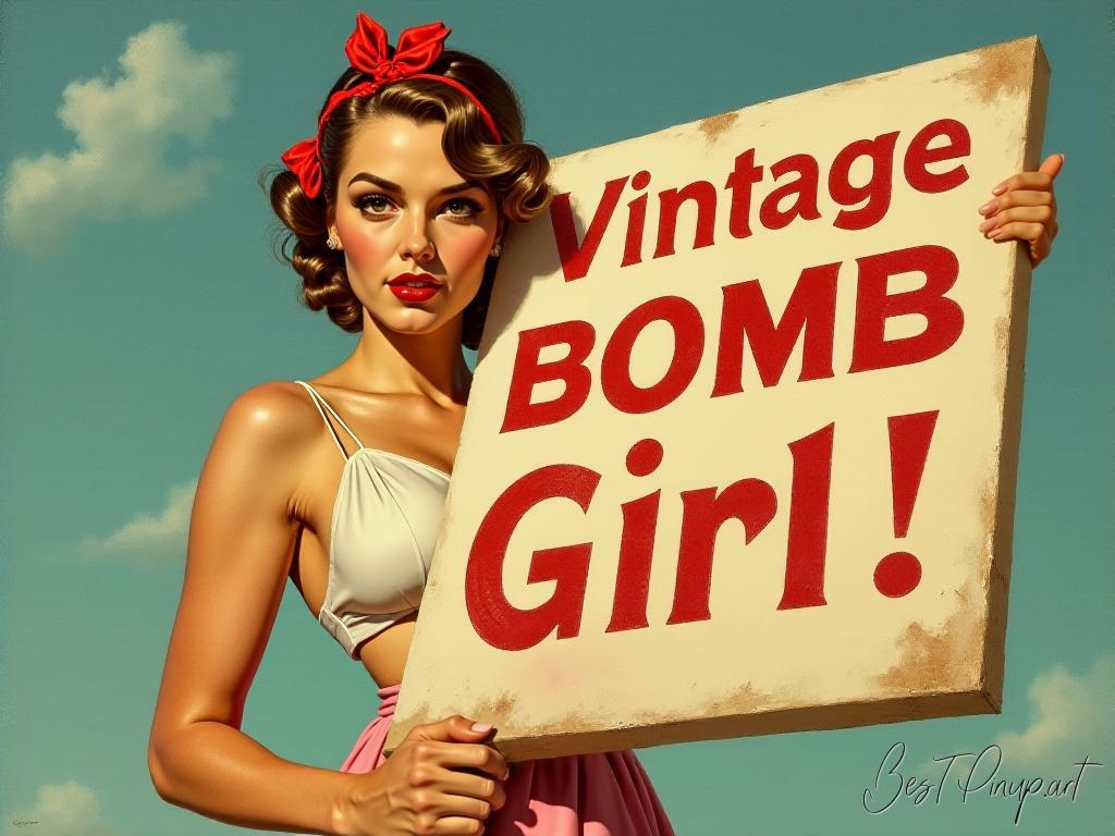 Pin-up girl showcasing a sign with vintage bomb girl theme