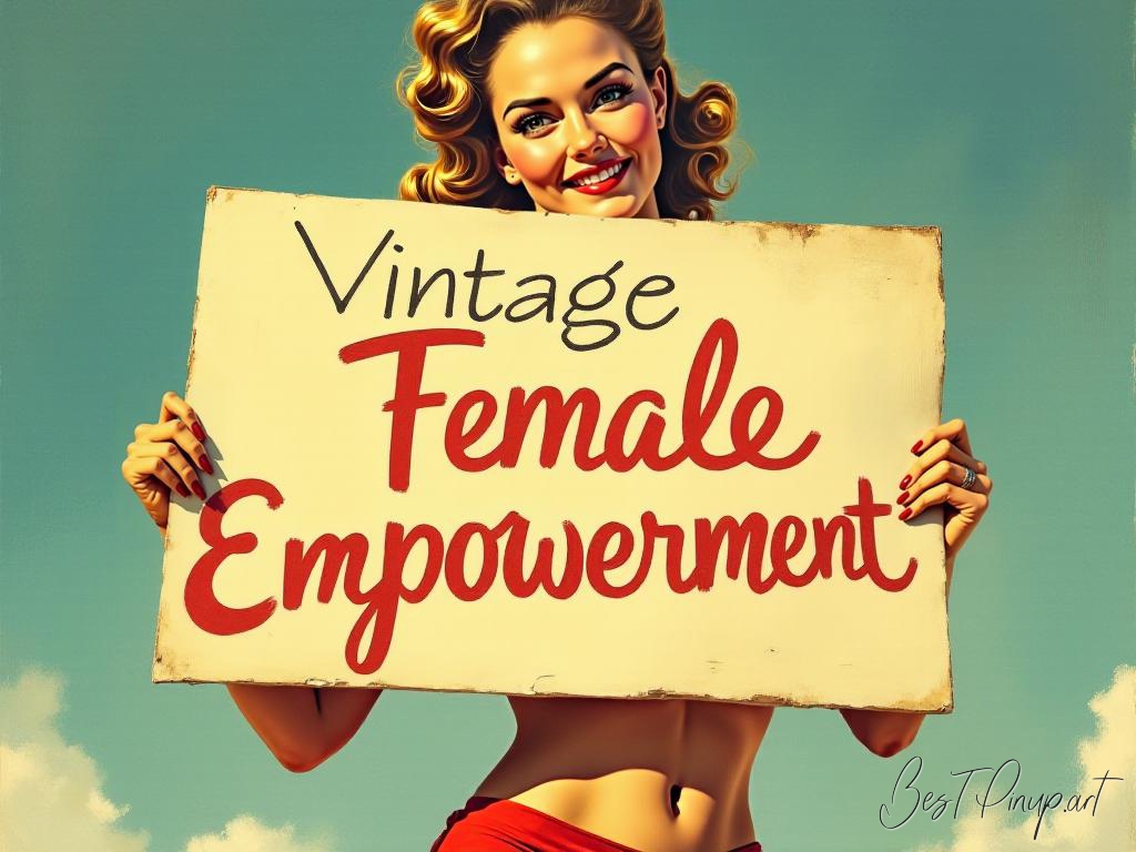 Pin-up girl showcasing a sign with vintage female empowerment theme