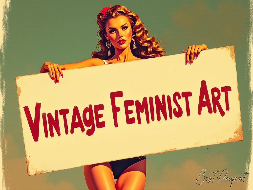 Pin-up girl showcasing a sign with vintage feminist art theme