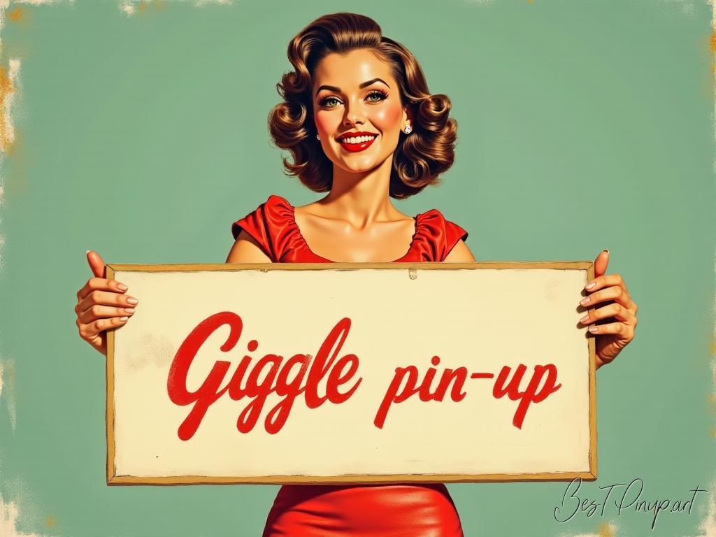Pin-up girl showcasing a sign with vintage giggle pin-up theme