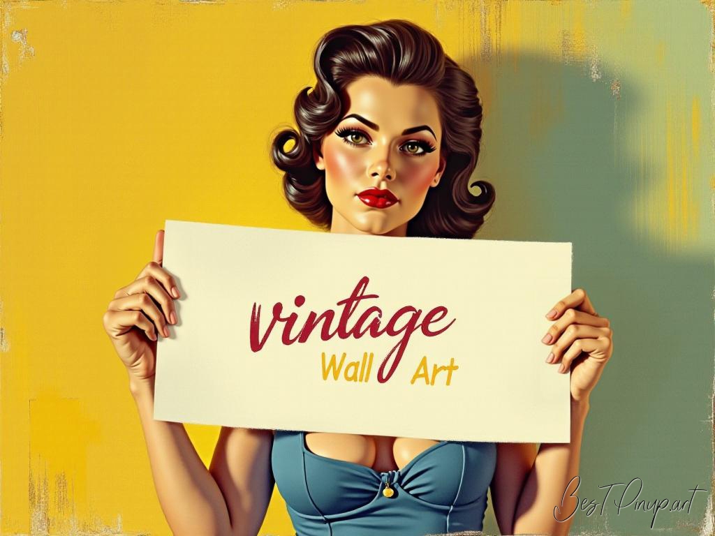 Pin-up girl showcasing a sign with vintage glamour wall art theme