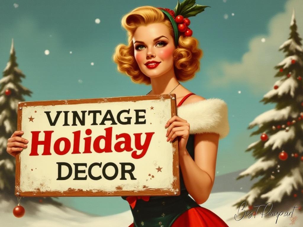 Pin-up girl showcasing a sign with vintage holiday decor theme