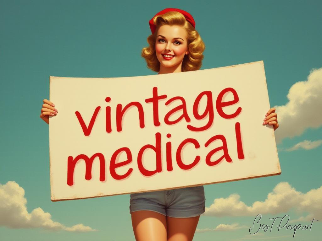 Pin-up girl showcasing a sign with vintage medical art theme