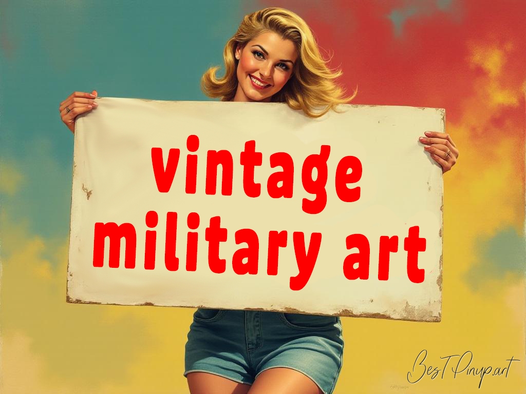 Pin-up girl showcasing a sign with vintage military art theme