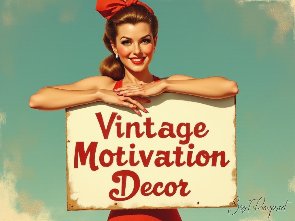 Pin-up girl showcasing a sign with vintage motivation wall decor theme