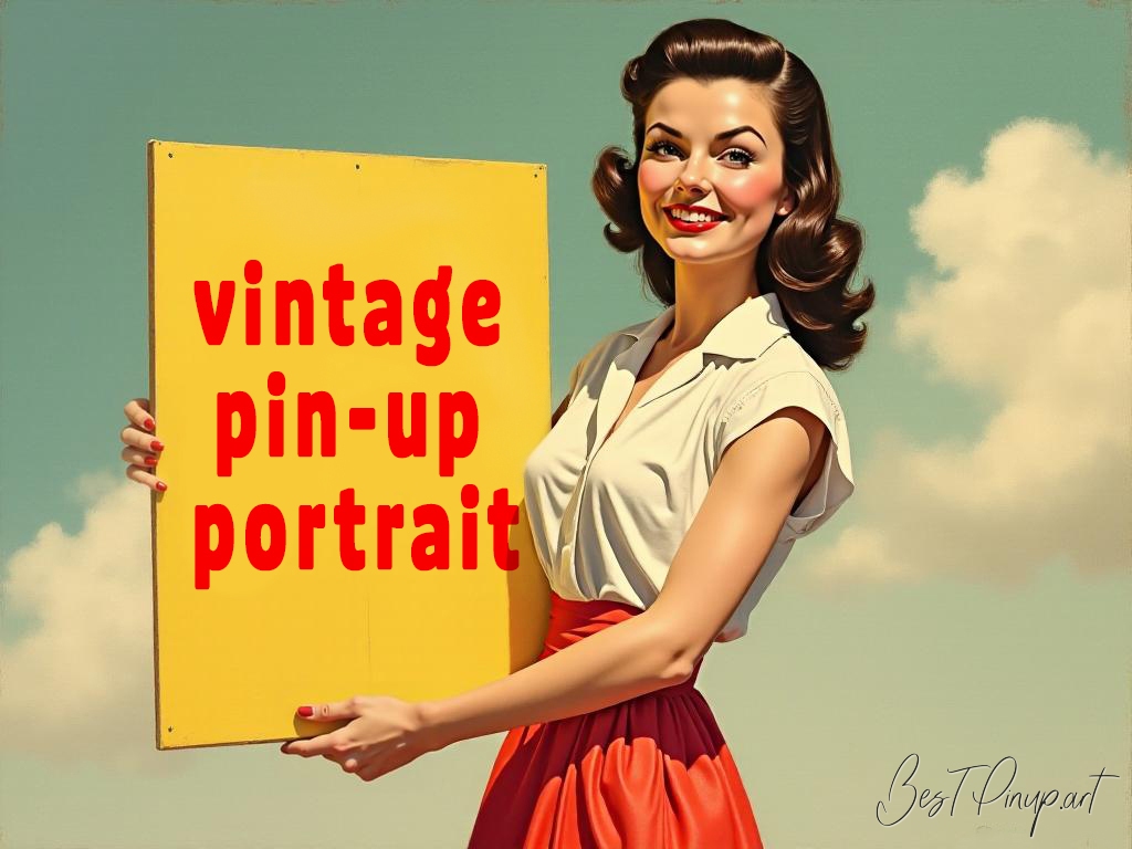 Pin-up girl showcasing a sign with vintage pin-up portrait theme