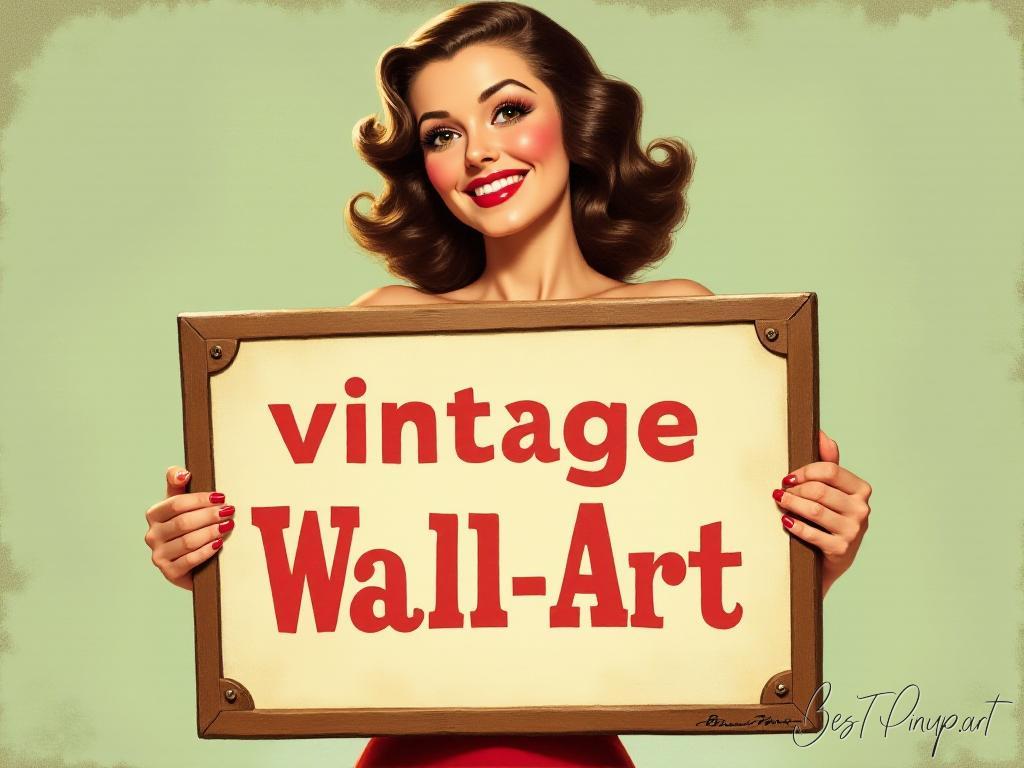 Pin-up girl showcasing a sign with vintage pin-up wall art theme