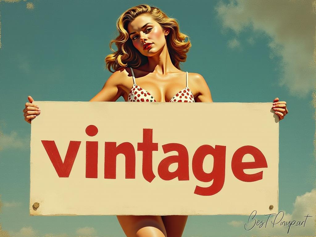 Pin-up girl showcasing a sign with vintage posters theme