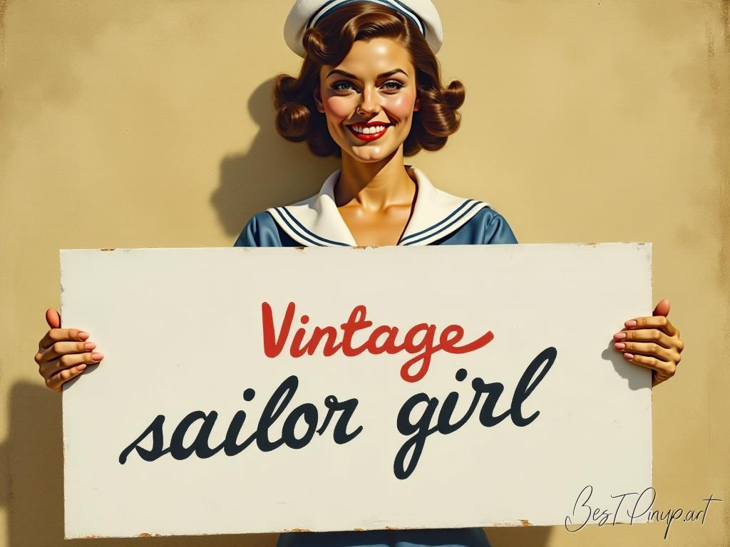 Pin-up girl showcasing a sign with vintage sailor girl theme