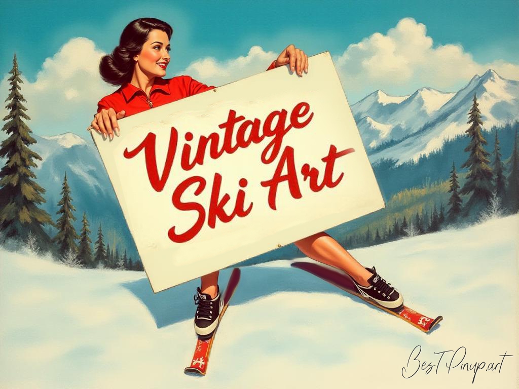 Pin-up girl showcasing a sign with vintage ski art theme
