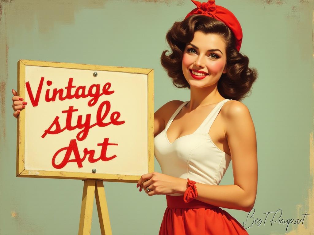 Pin-up girl showcasing a sign with vintage style wall art theme