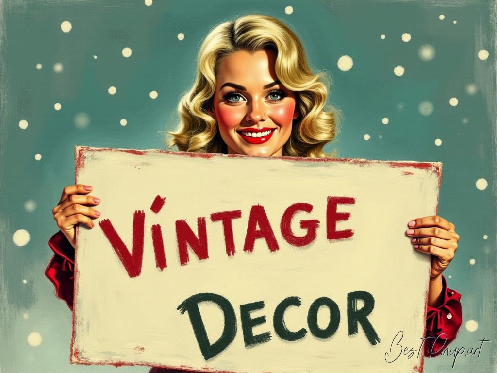 Pin-up girl showcasing a sign with vintage winter decor theme