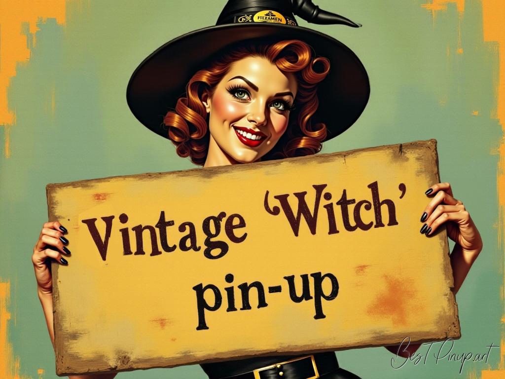 Pin-up girl showcasing a sign with vintage witch pin-up theme