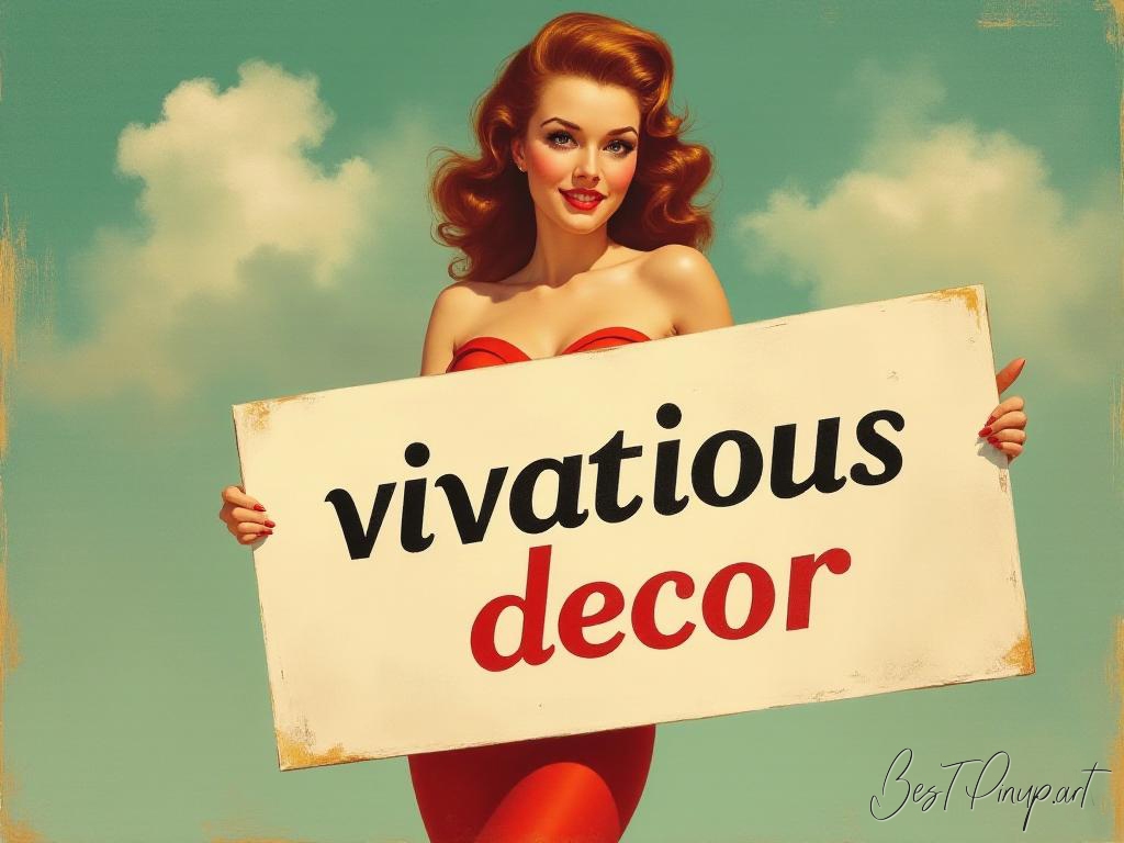 Pin-up girl showcasing a sign with vivacious decor theme