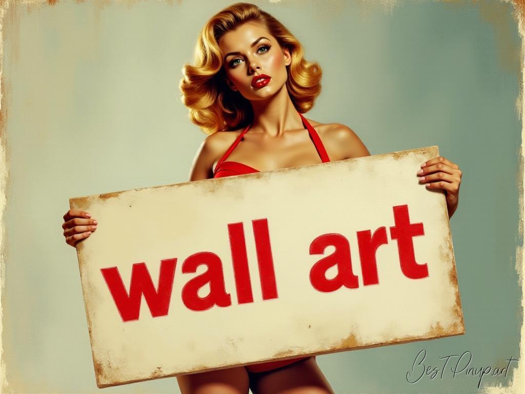 Pin-up girl showcasing a sign with wall art theme