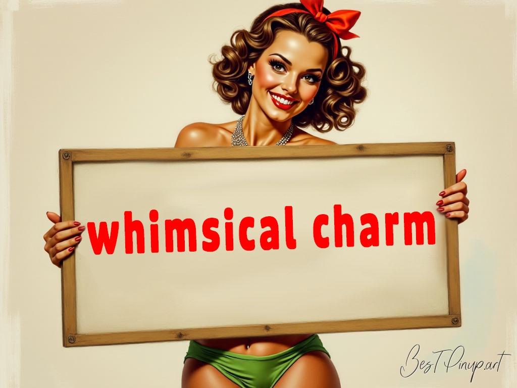 Pin-up girl showcasing a sign with whimsical charm theme