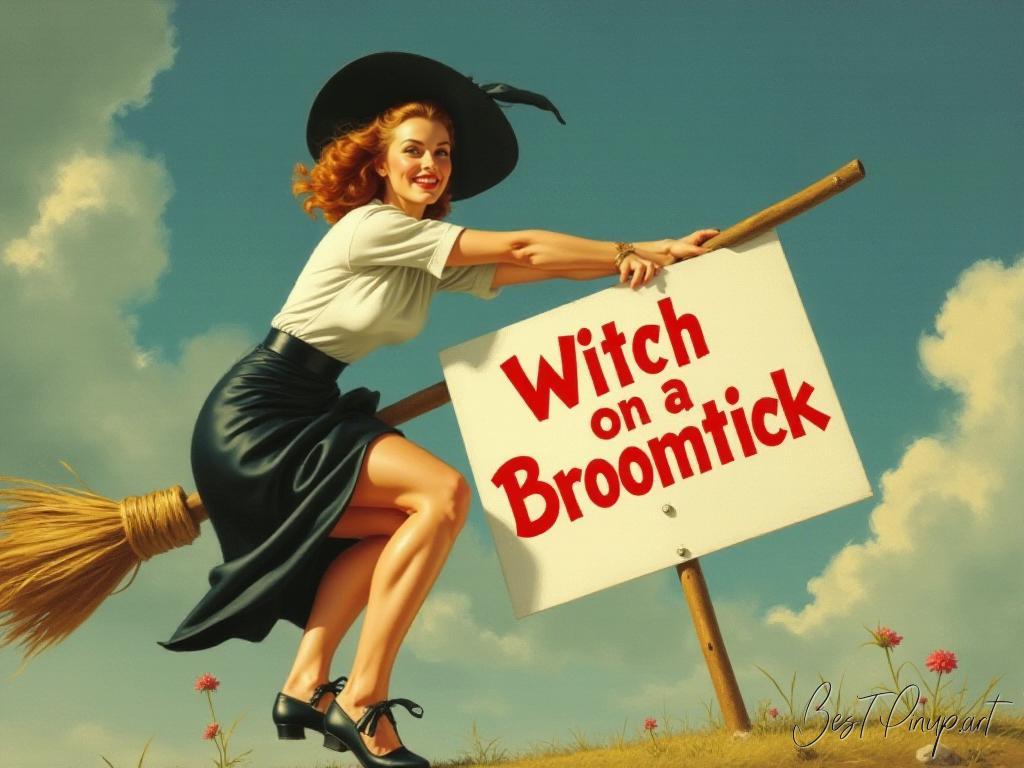 Pin-up girl showcasing a sign with witch on a broomstick theme