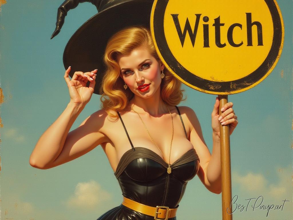 Pin-up girl showcasing a sign with witch pin-up art theme