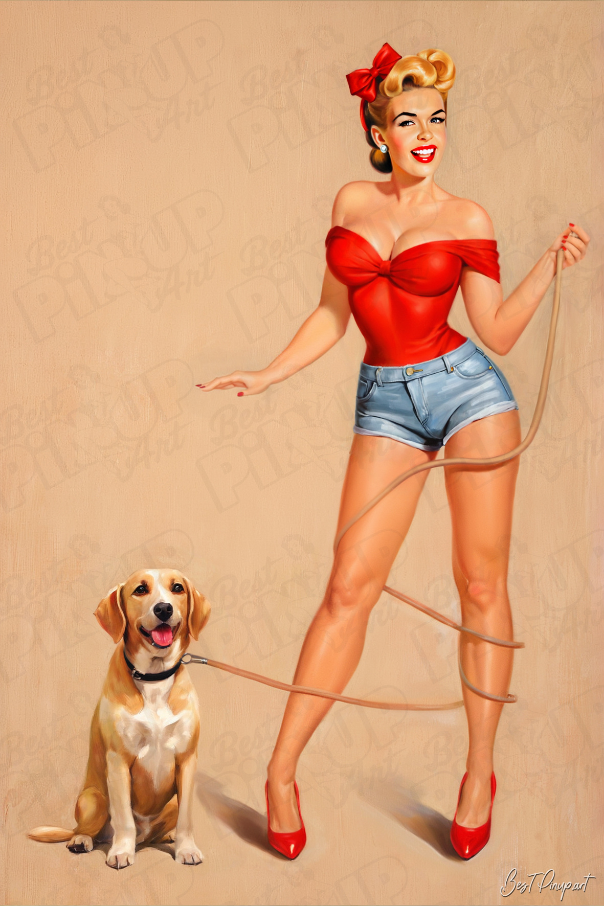 Order Your Custom Pin-up Portrait - Kiki #1 Playful Walk with the dog | Vintage-Style Art for Sale