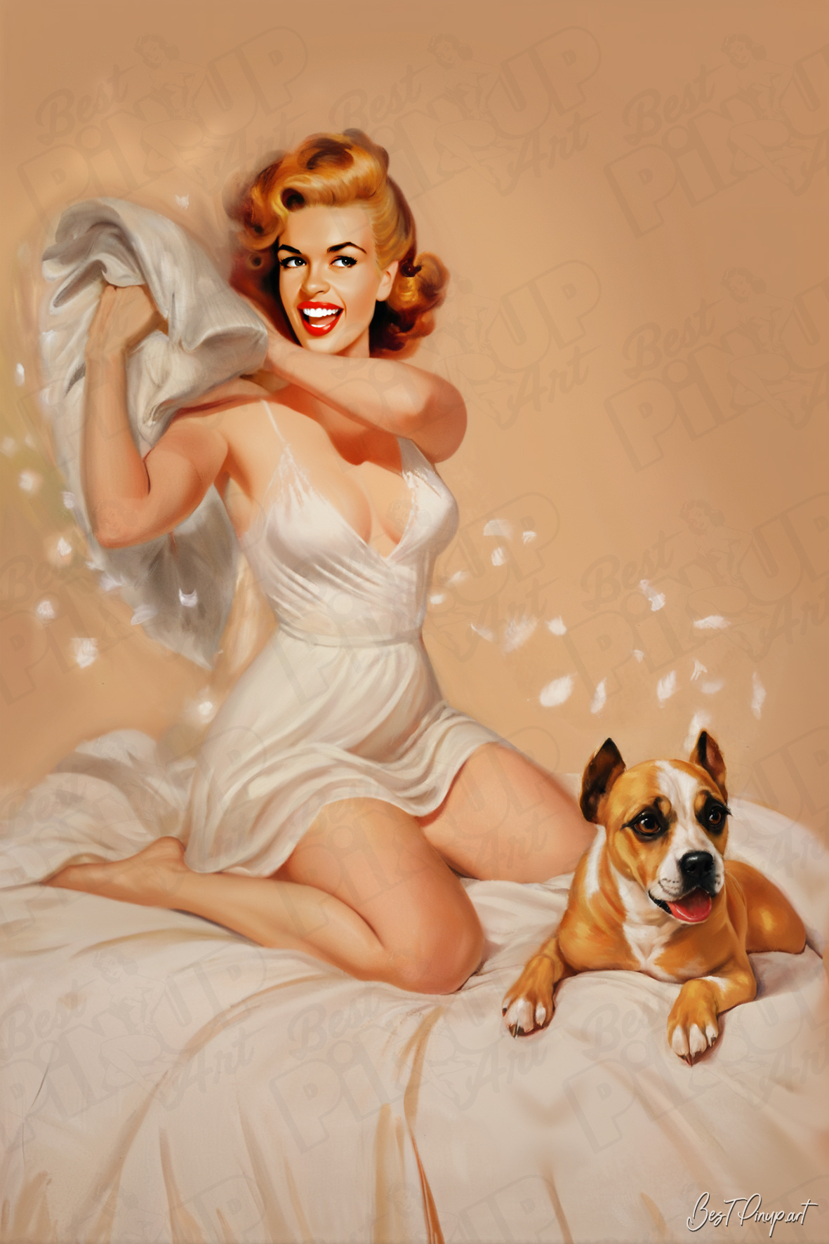 Order Your Custom Pin-up Portrait - Kiki #2: Morning Delight with the dog | Vintage-Style Art for Sale