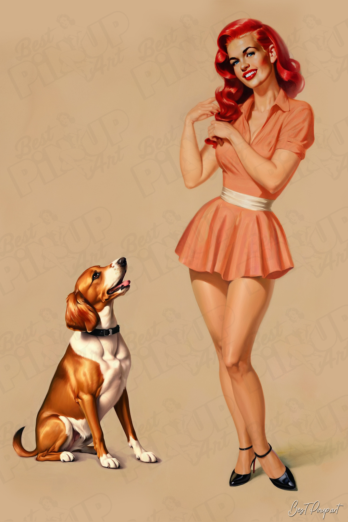 Order Your Custom Pin-up Portrait - Kiki #3 Elegant Stroll with the dog | Vintage-Style Art for Sale
