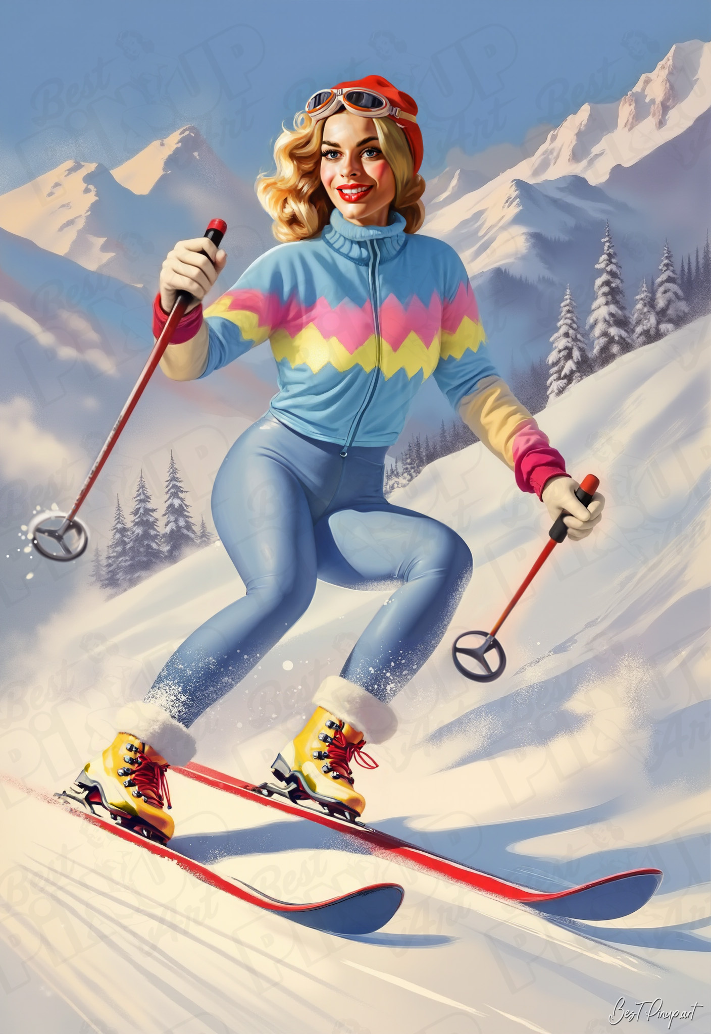 Order Your Custom Pin-up Portrait - Margot #3: Racing Down the Slopes | Vintage-Style Art for Sale