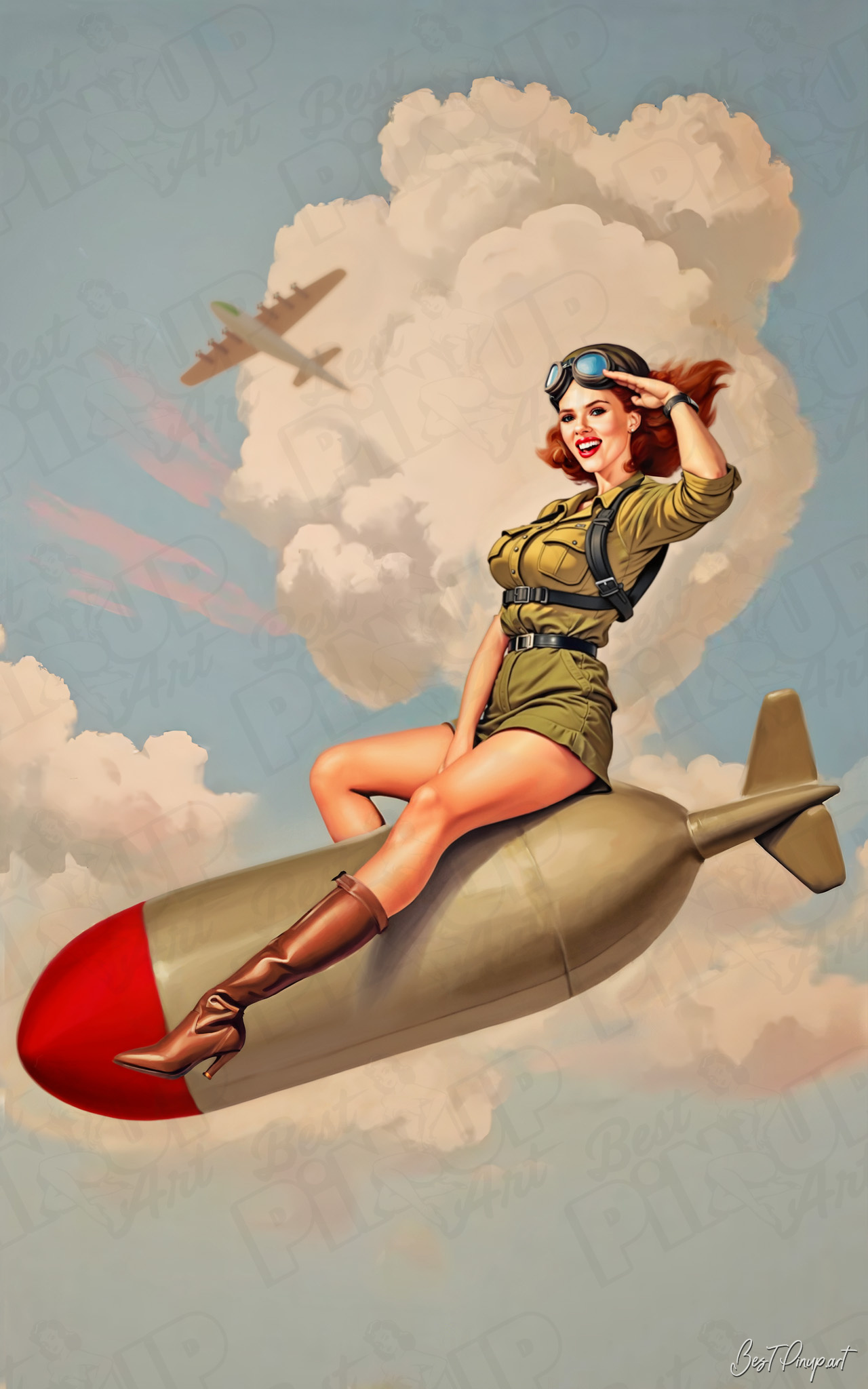 Order Your Custom Pin-up Portrait - Scarlett Bombshell: A Classic Pin-Up in Flight | Vintage-Style Art for Sale