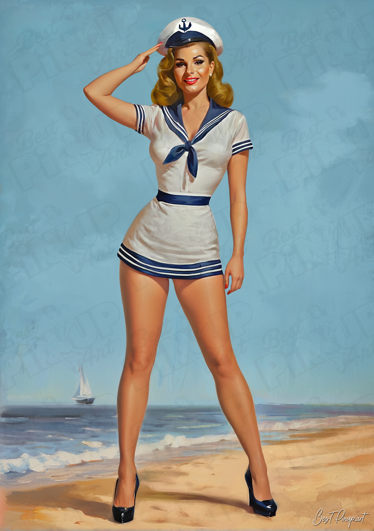 Order Your Custom Pin-up Portrait - Stella Sailor on the beach | Vintage-Style Art for Sale