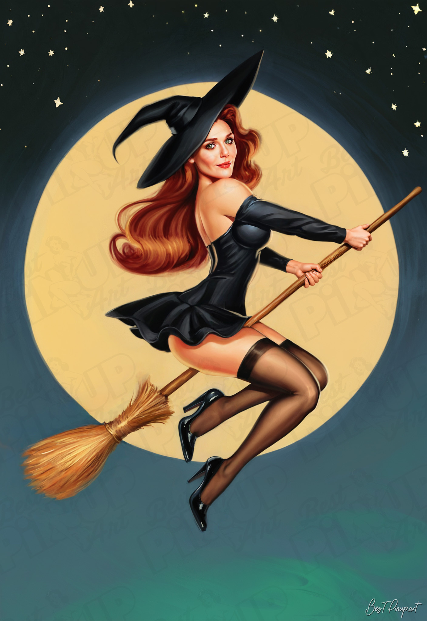 Order Your Custom Pin-up Portrait - Wanda #3: Flying Under the Moon | Vintage-Style Art for Sale